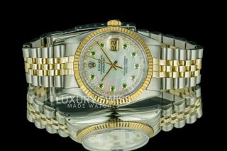 Rolex Men ' s Datejust 16013 36mm Fluted Two - Tone White MOP Diamond Emerald Dial 3