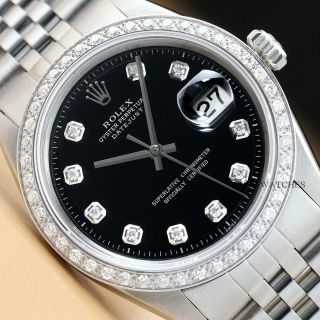 Mens Rolex Datejust 18k White Gold Diamond & Stainless Steel Watch - Black Dial