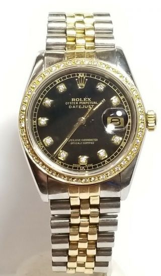 Mens Yellow Gold Rolex Ss Datejust Oyster Perpetual 16013 Watch W Added Diamonds