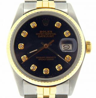Rolex Datejust Mens Stainless Steel 18k Yellow Gold Watch Diamond Black 16013