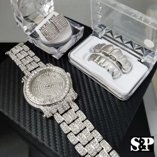Men Luxury Hip Hop Iced White Gold Pt Watch & Earrings & Grillz Combo Set