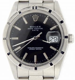 Mens Rolex Date Stainless Steel Watch Oyster Band Black Dial Engine - Turned 15010