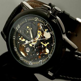 Watch Mechanical Black Leather Strap Self - Winding Analog Numerals Skeleton Mens