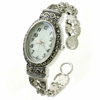 Silver Black Vintage Style Marcasite Crystal Oval Face Women 