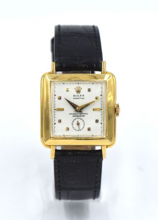 Vintage Gents Rolex Perpetual Square Case 4643 Wristwatch 18k Yellow Gold C1940s