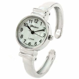 White Silver Metal Band Small Size Bangle Cuff Watch For Women