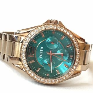 Fossil Riley Multifunction Watch Es3385 Rose Gold Turquoise Fresh Battery Fair