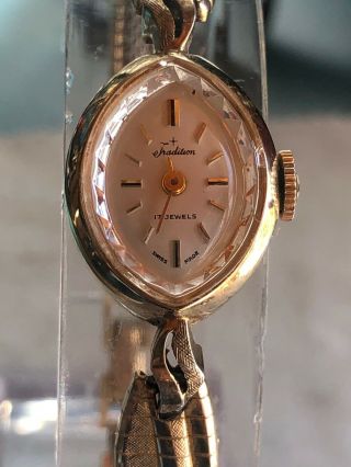 Vintage Swiss Tradition Ladies Wrist Watch 17 Jewels 10K RGP.  5 Inches Bra 2