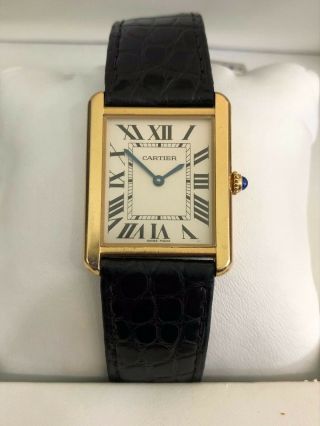 Cartier Tank 18k Yellow Gold Leather Band Men 