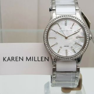 Karen Millen White Ceramic Bracelet Ladies Watch Mother Of Pearl Rrp £230 (km3