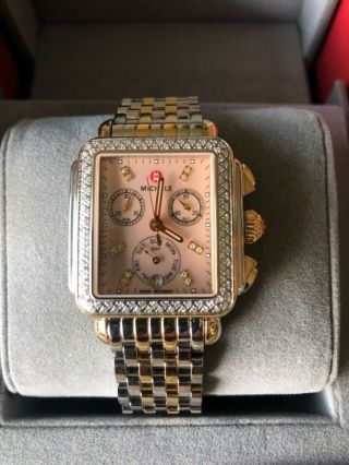 Michele Deco Two Tone Diamond Pink Mop Dial Chrono Watch - Mw06p01c5134 $2495