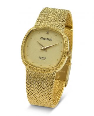 Conqueror Gold - Tone Watch With Mesh Bracelet And Diamond Unisex Quartz Dress.