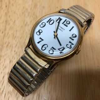 Vintage Timex Men Gold Tone Stretch Band White Analog Quartz Watch Hour Batt