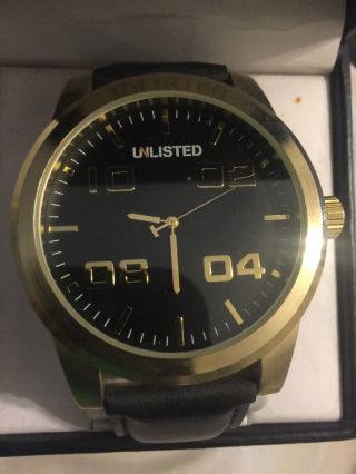 Unlisted Mens Gold Tone Face Watch With Black Leather Band Ul 1261