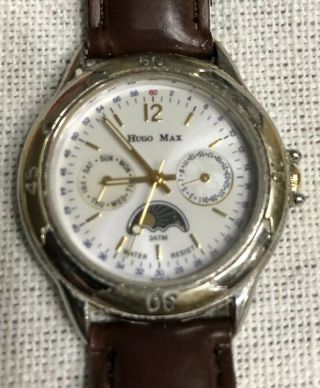 Vintage Hugo Max Men’s Watch 18k Gold Pl White Face Eurodesign W/ Battery
