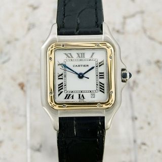 Authentic Panthere De Cartier Date 18k Solid Gold Bezel Quartz Mens Mid Watch