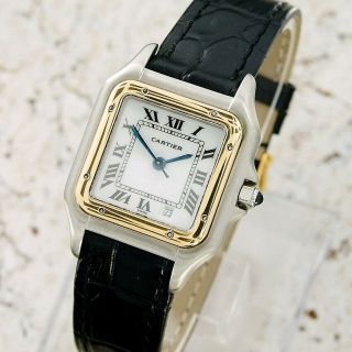 Authentic Panthere De Cartier Date 18K Solid Gold Bezel Quartz Mens Mid Watch 6