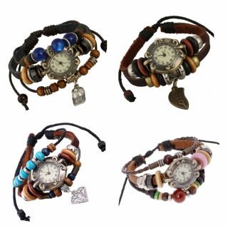 Womens Girls Vintage Retro Leather Wood Beads Bracelet Watch With Charms