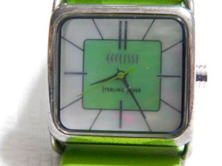 Ladies Modern Sterling Silver ECCLISSI MOP Lime Green Leather Band Quartz Watch 2
