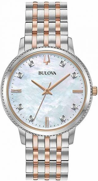 Bulova 98p178 8 Diamonds White Mop Dial Rose Gold Two Tone Womens Watch