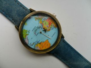 Selten Weltkarte Globus Quarz Flugzeug Armbanduhr Blau Denim Armband