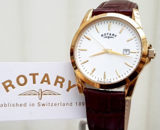 Rotary Mens Watch Gents 9ct Gold Plated Brown Leather Strap Rrp £180