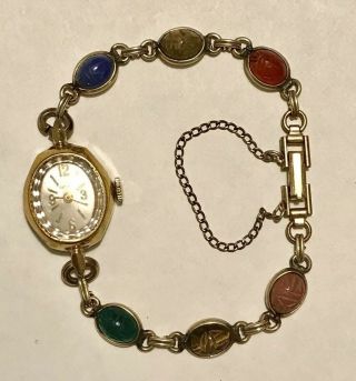 Vintage Dufonte By Lucien Piccard 17 Jewel Ladies Watch 10k Gf Scarab Bracelet