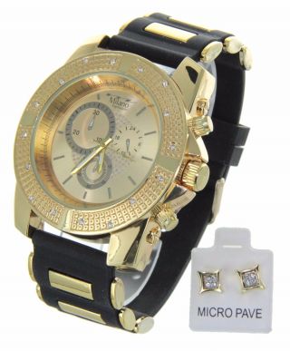 Men Hip Hop Gold Finish Rapper;s Metal Band Watch Micro Pave Earring
