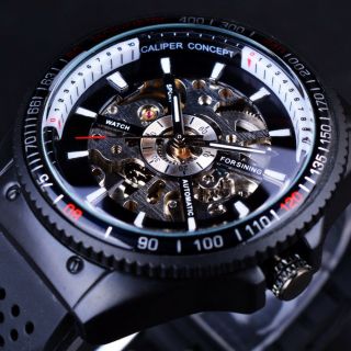 Luxury Automatic Black Mechanical Watch Forsining Rotating Sport Design Silicon