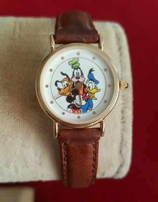 Vintage Mickey & Friends Disney Design Gold W/ Leather Band Ladies Watch