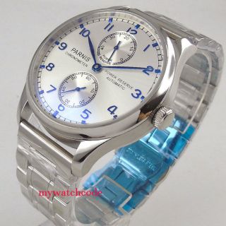 43mm Parnis White Dial Steel Strap Power Reserve St2542 Automatic Mens Watch