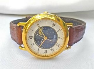Vintage Timex Moon Phase Date Quartz Watch Gold Tone Brown Leather 28mm Womens