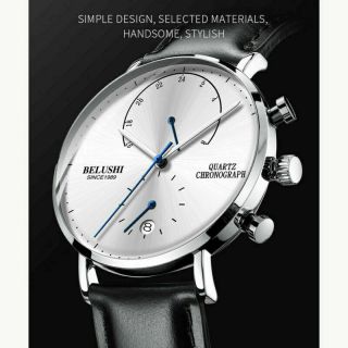 Belushi Luxury Men Wrist Watch Stainless Steel Business Quartz Date Leather Band