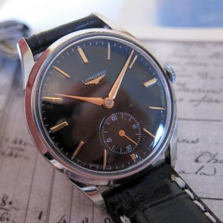 Vintage Longines Mens watch BLACK DIAL17 Jewels Swiss Made 1950s,  CALIBRE 12.  68Z 11