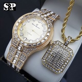 Men Iced Hip Hop Gold Pt Crystal Watch & Full Iced Necklace Combo Gift Set