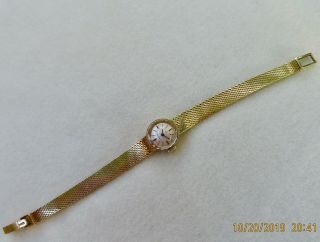 Ladies Omega Solid 14k Gold Mesh Bracelet Watch Faceted Crystal 18 Grams