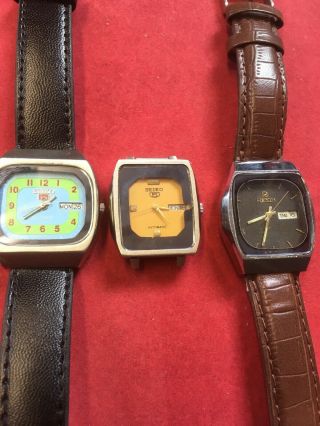 Small Joblot Of 3 Mens Vintage Watches.  Spares Or Repairs.  2x Seiko 5 And 1 Ricoh