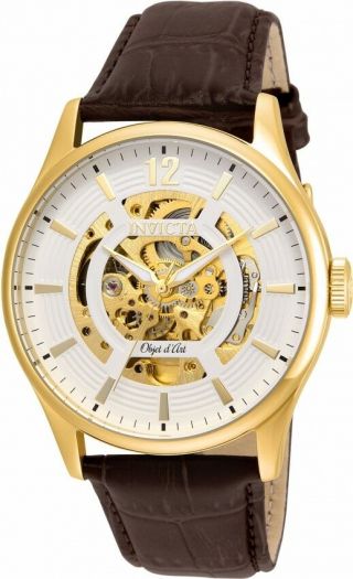 Mens Invicta 22595 Objet D Art Automatic Skeleton Dial Brown Leather Watch