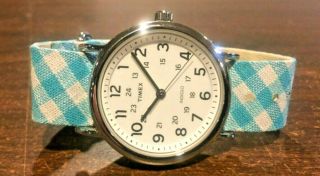 Timex Womens Weekender Blue Gingham Slip - Thru Strap Watch Tw2r24400