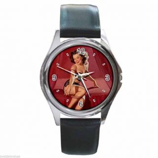 Gil Elvgren Sexy Pin - Up On Bed Round Silver Metal Watch Leather Band