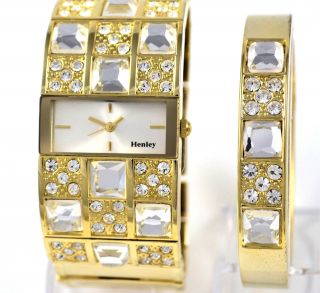 Ladies Henley Real Crystal Gold Tone Wide Watch Or Watch & Bangle Boxed Gift Set