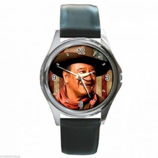 John Wayne The Duke Is America Round Silver Metal Watch Leather Band