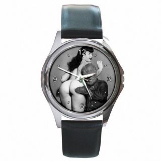 Bettie Page Meets The Wolfman Lon Chaney Round Silver Metal Watch Leather Band