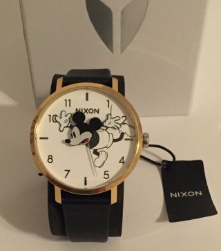 Nixon Disney Mickey Mouse Watch A1091 Arrow Black Leather Band Goldtone Accents