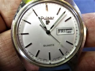 Rare Pulsar Y148 - 8049 Mens Quartz Watch/chromeplated /day & Date Watch S/s Band