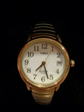 Timex Indiglo Watch Womens,  Vintage,  Date White Face Gold Tone Fresh Battery