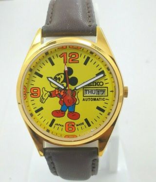 Vintage Seiko Mickey Mouse Gold Plated Day Date 6309 Movement Mens Wrist Watch