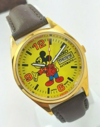 Vintage Seiko Mickey Mouse Gold Plated Day Date 6309 Movement Mens Wrist Watch 2