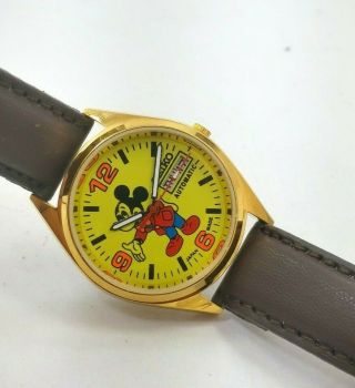Vintage Seiko Mickey Mouse Gold Plated Day Date 6309 Movement Mens Wrist Watch 3