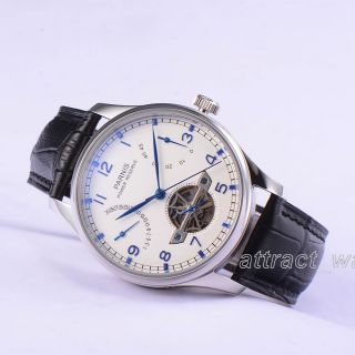 43mm Parnis Automatic Power Reserve Mens Watch White Dial Leather Strap